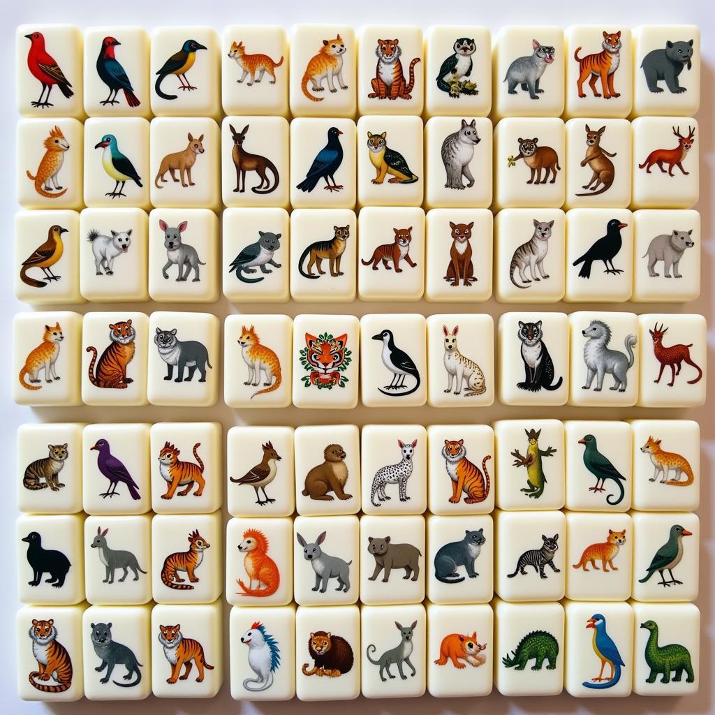 A complete mahjong tile set featuring various animals.