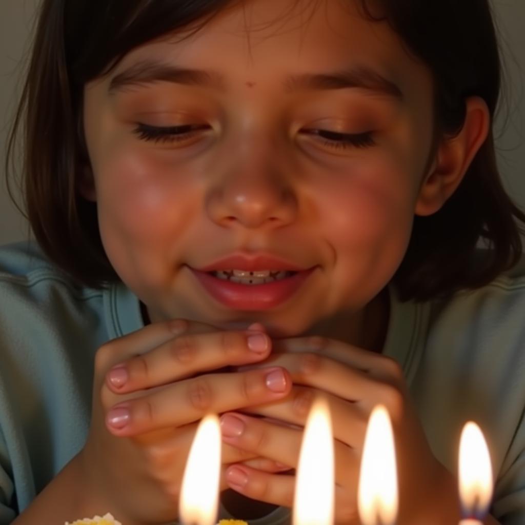 A person making a wish before blowing out candles on a birthday cake