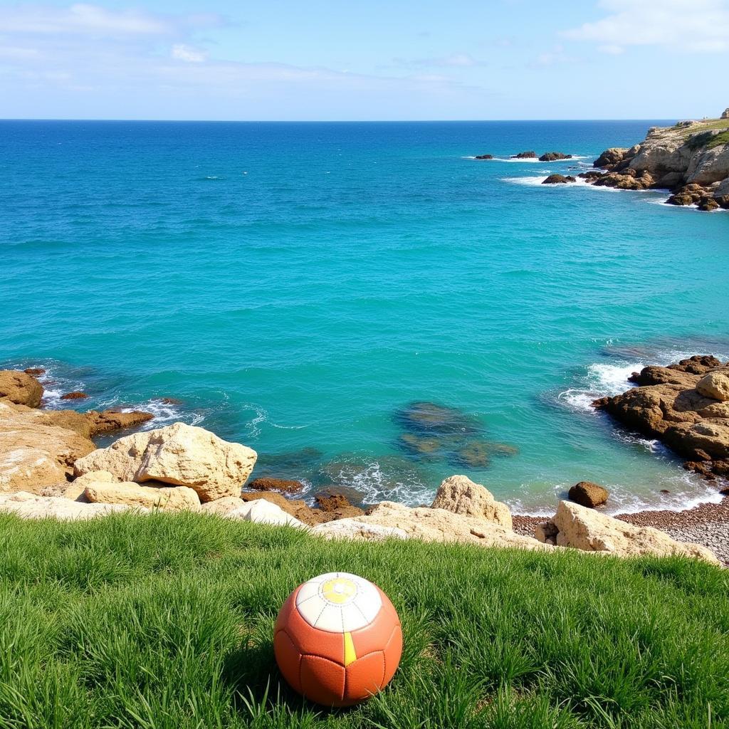 Malta coastal view with a football in the foreground