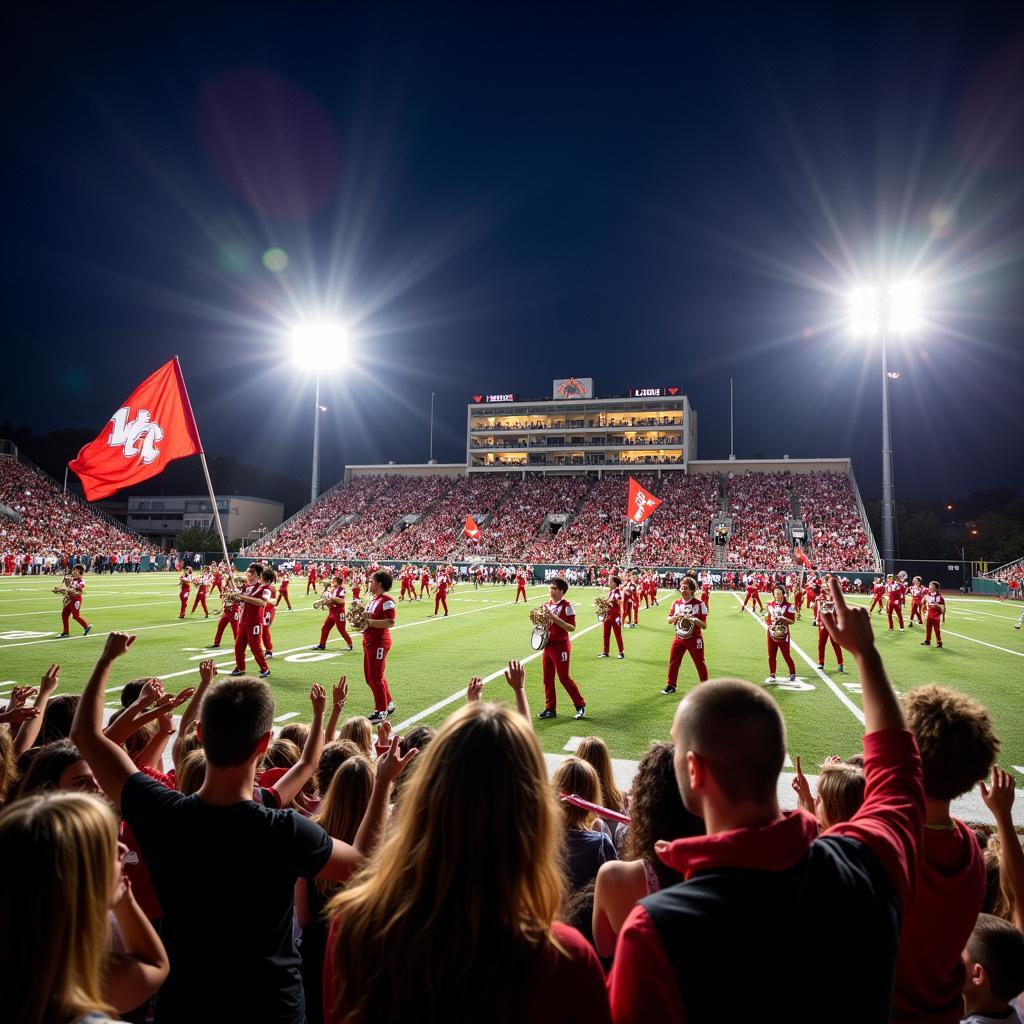 Marching band energizing the crowd at a football game