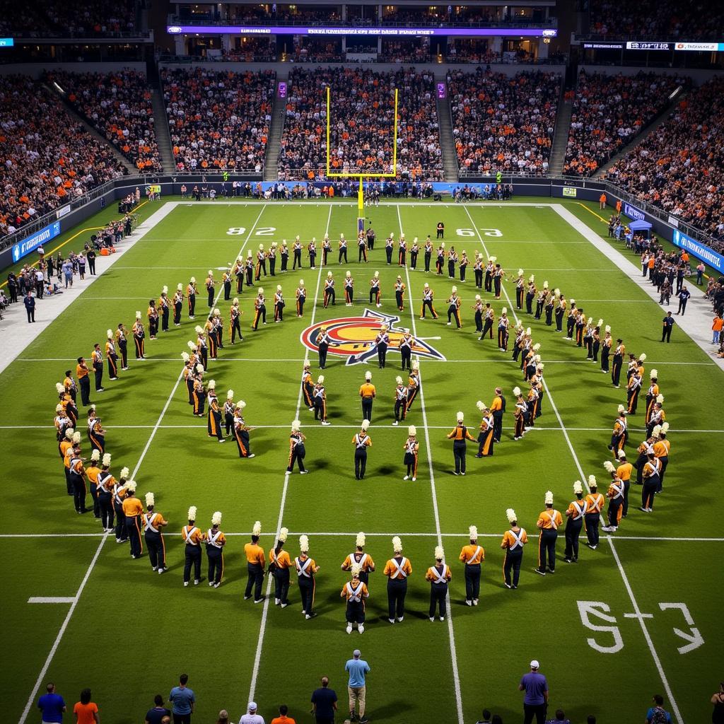 Marching band performing a halftime show at a football game