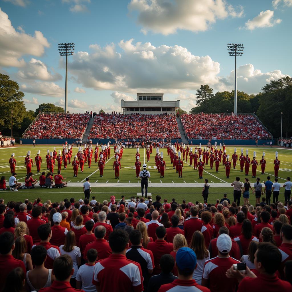 Marching band playing the fight song at a football game