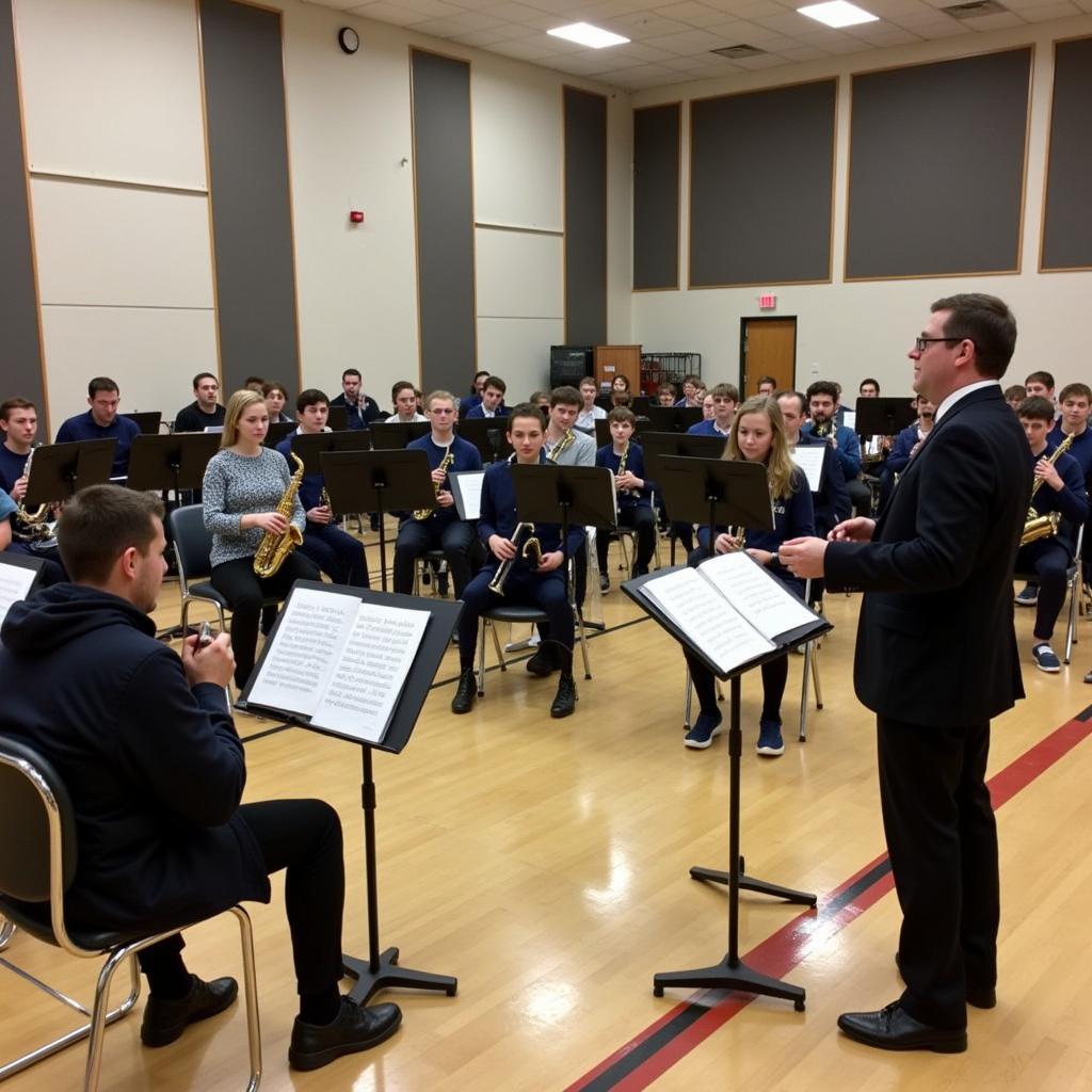 Marching band practicing stand tunes in a rehearsal