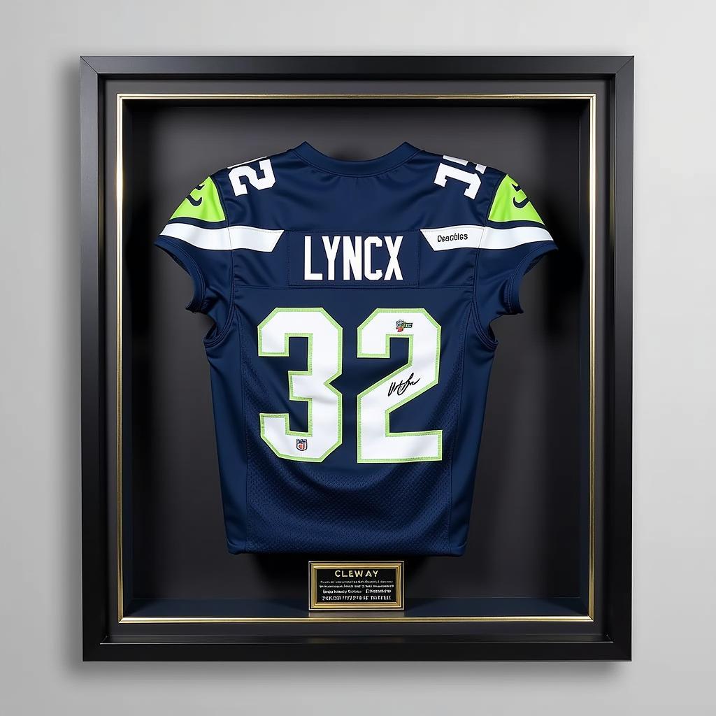 Signed Marshawn Lynch jersey displayed in a protective case.