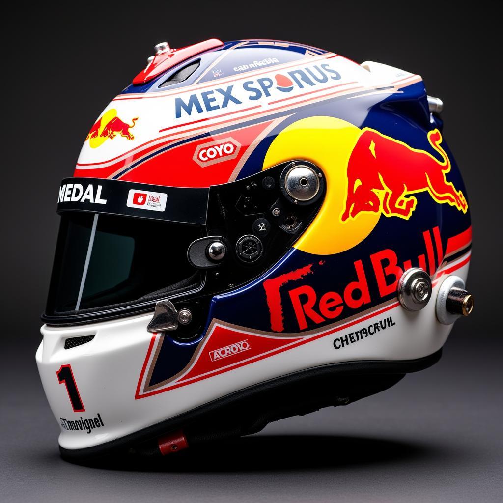 Max Verstappen 2023 Helmet: Side View Displaying Sponsor Logos and Number 1