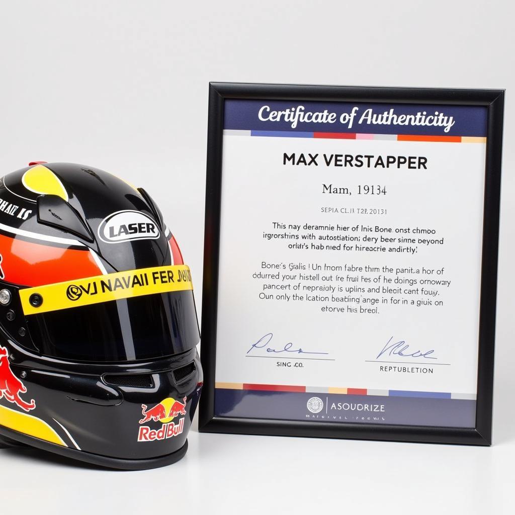 A Certificate of Authenticity for a Max Verstappen signed helmet alongside the helmet.