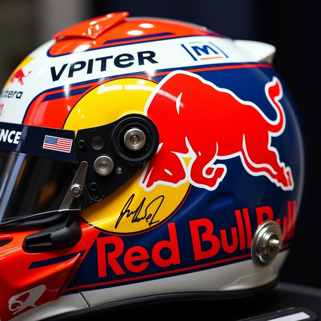 Close-up view of a Max Verstappen signed helmet, showcasing the signature and design details.