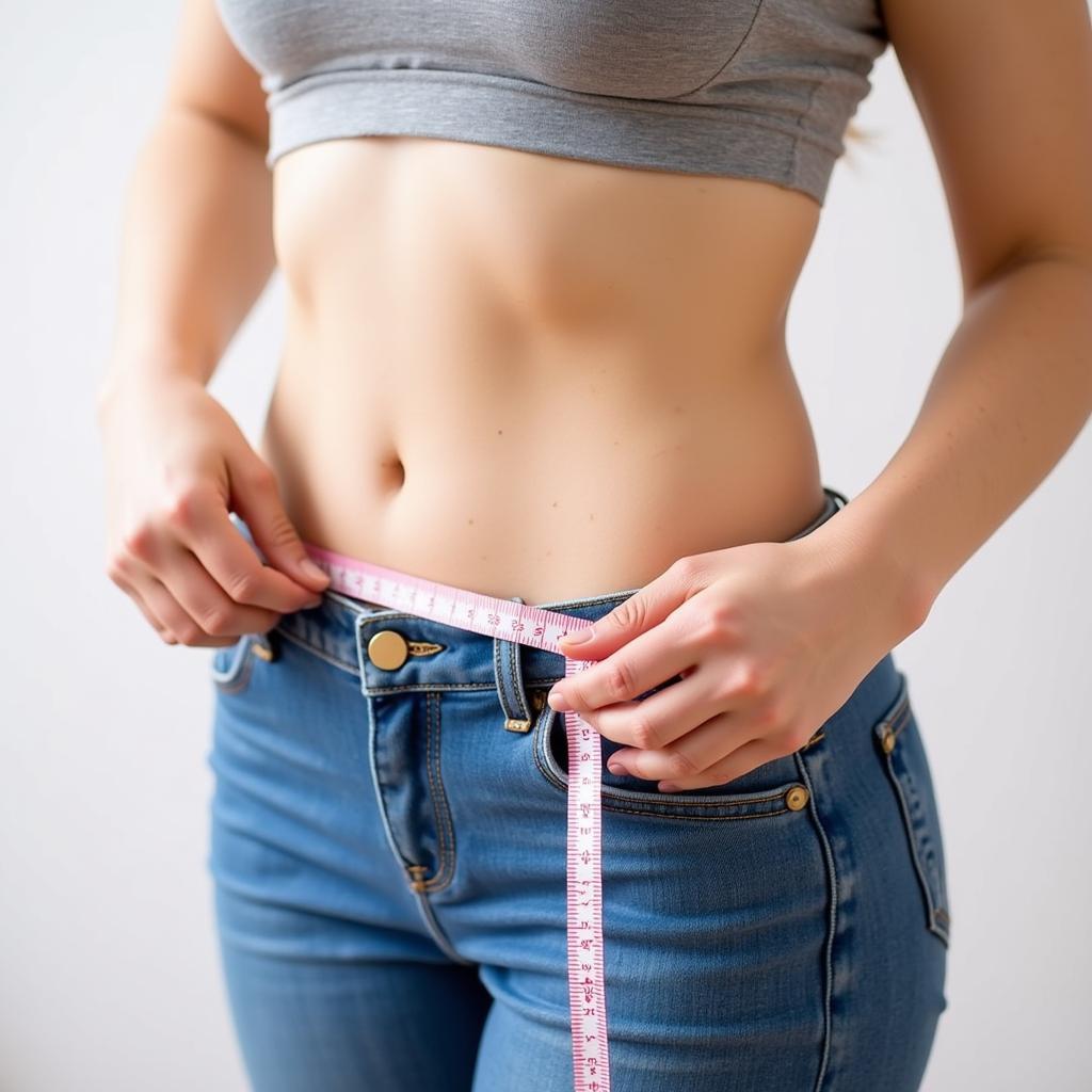 A woman measuring her waist with a measuring tape to determine the correct size for her waist beads