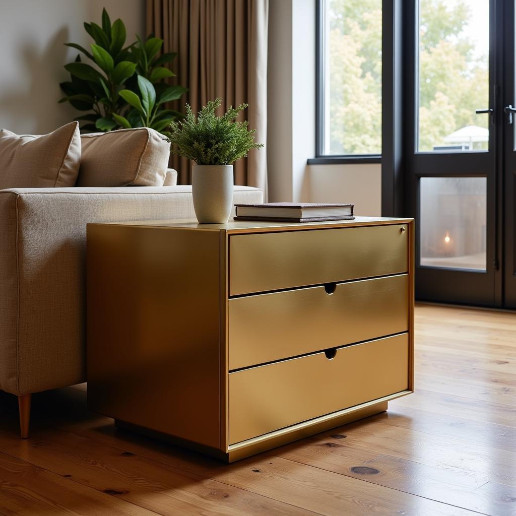 Metallic space age side table with integrated storage in a living room