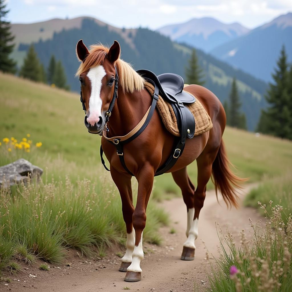 Miniature Horse Wearing a Pack Saddle on a Trail