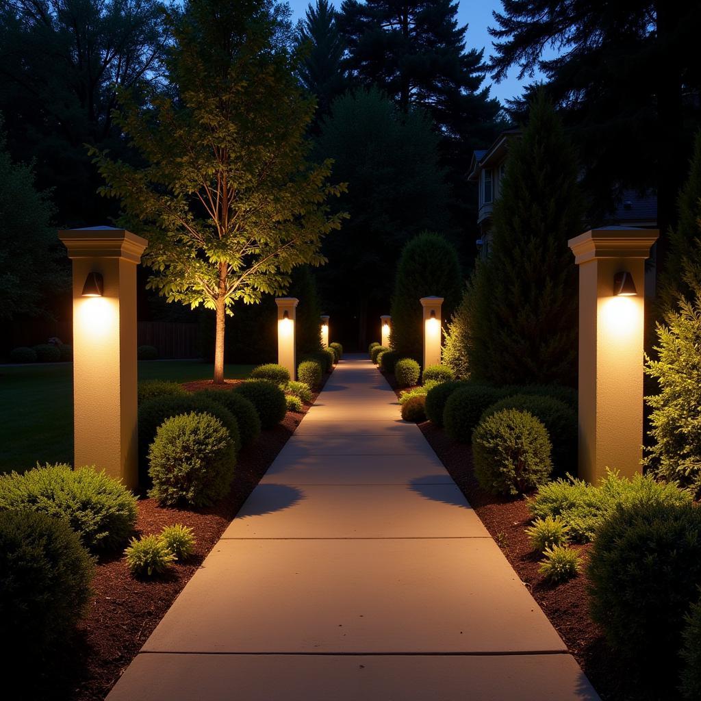 Mission Style Outdoor Wall Lights Illuminating a Pathway