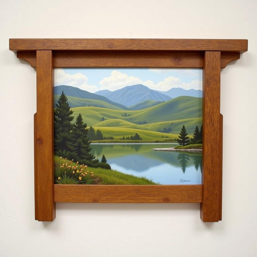 Mission style wall art featuring a landscape painting