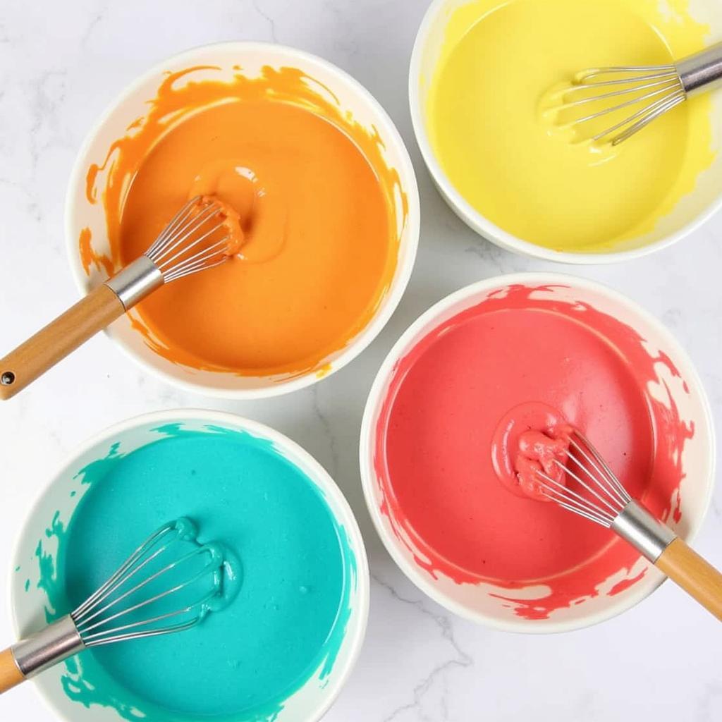 Mixing colorful batters for a rainbow cake