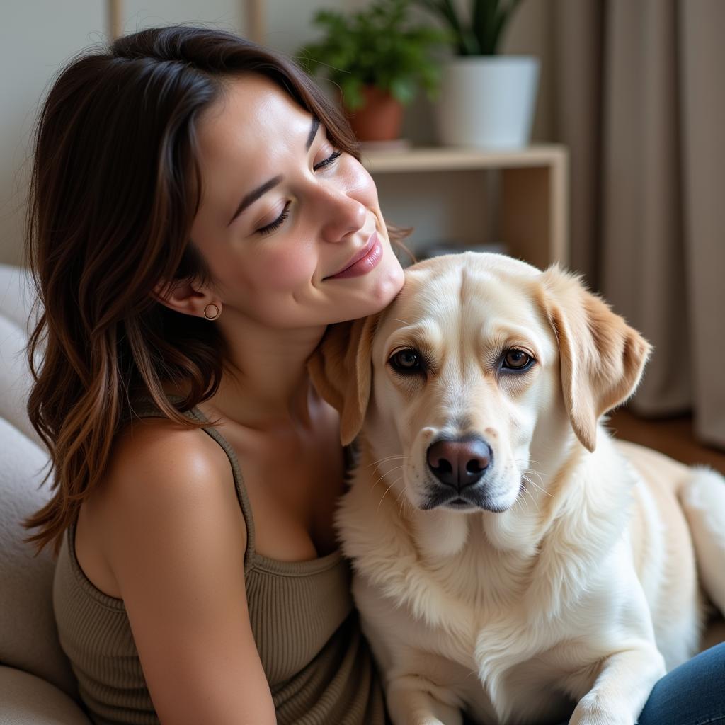 Modern Dog Familiar Connection: A woman sits peacefully with her dog in a sunlit room, illustrating the deep bond and emotional support that can characterize a dog as a familiar.