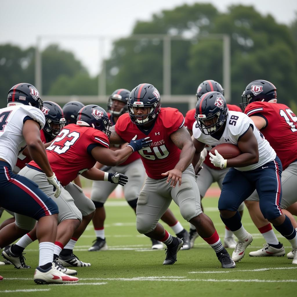 Offensive line dominating the defensive line in a monster back football play