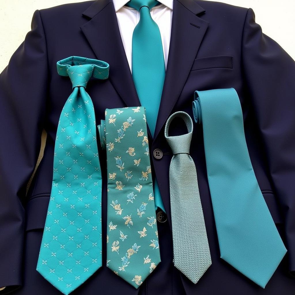 Navy suit with various shades of teal ties