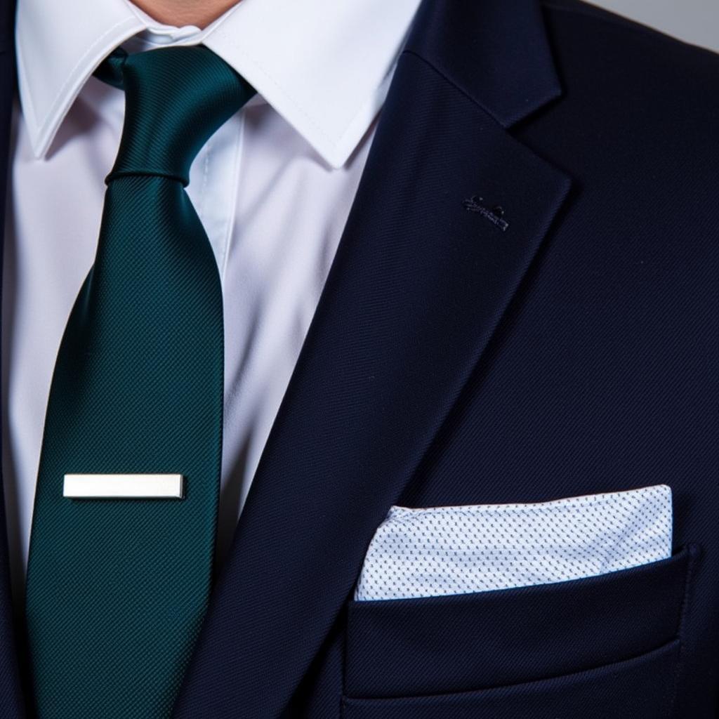 Navy suit and teal tie combination with accessories