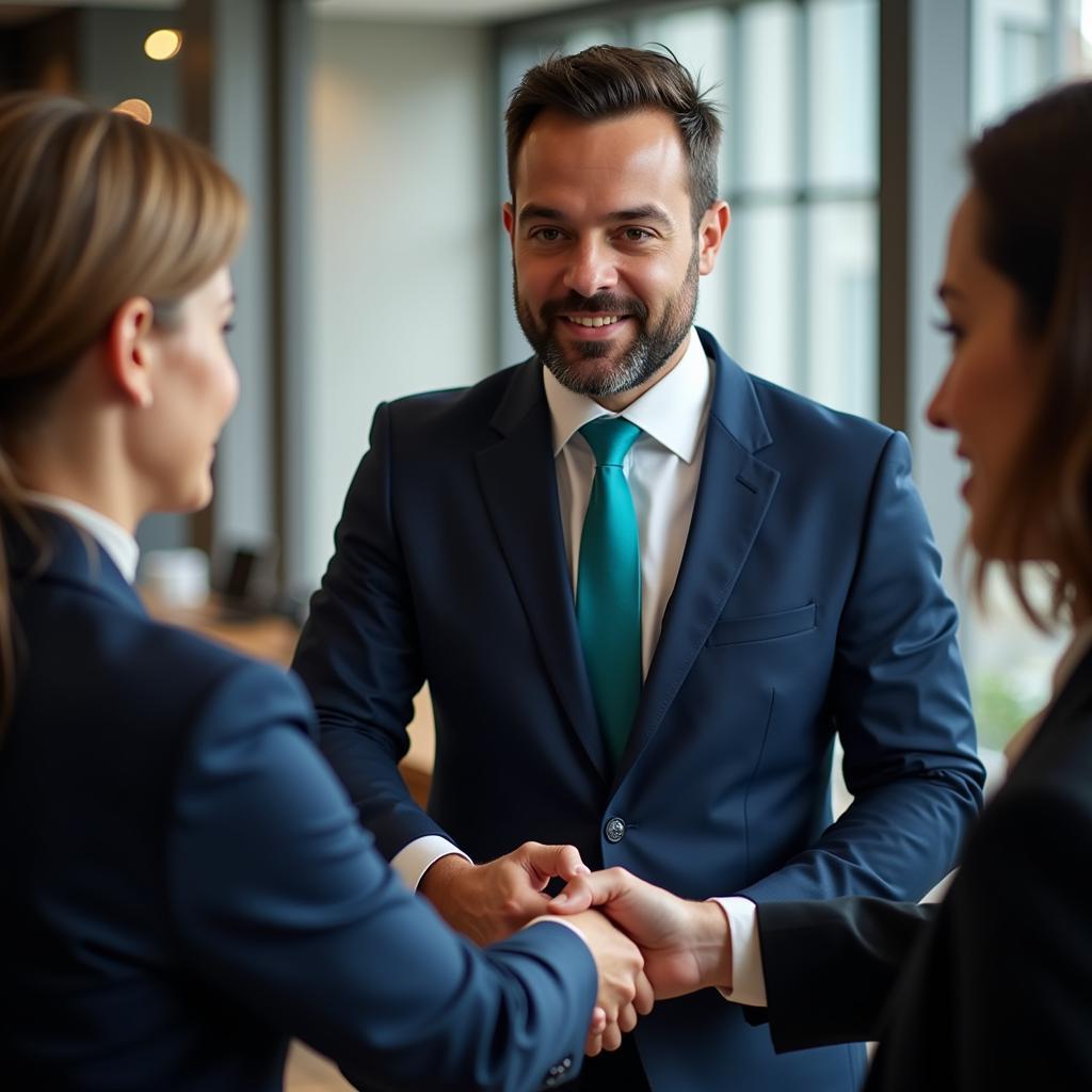 Navy suit and teal tie combination for a business meeting