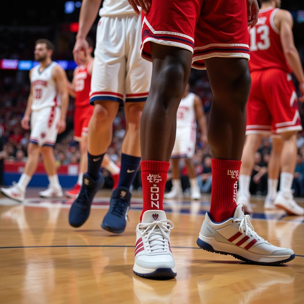 NCAA basketball players wearing socks during a game