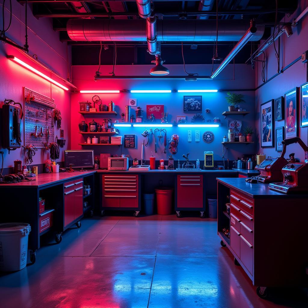 Bright Neon Garage Lights Illuminating a Workspace