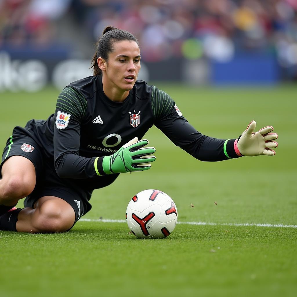 Goalkeeper wearing New Balance gloves making a diving save