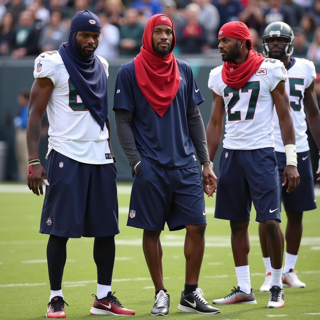 NFL players sporting durags during pre-game warm-ups