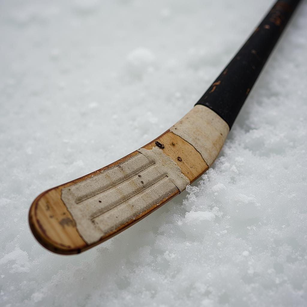 Close-up of an NHL game used stick, showing tape residue and puck marks