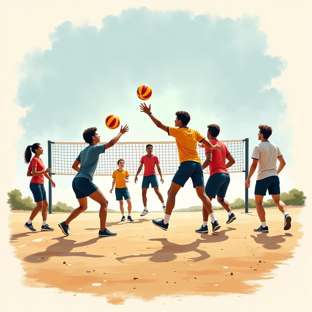 Nine-player sports teams like volleyball and kickball showcase teamwork and strategic play.