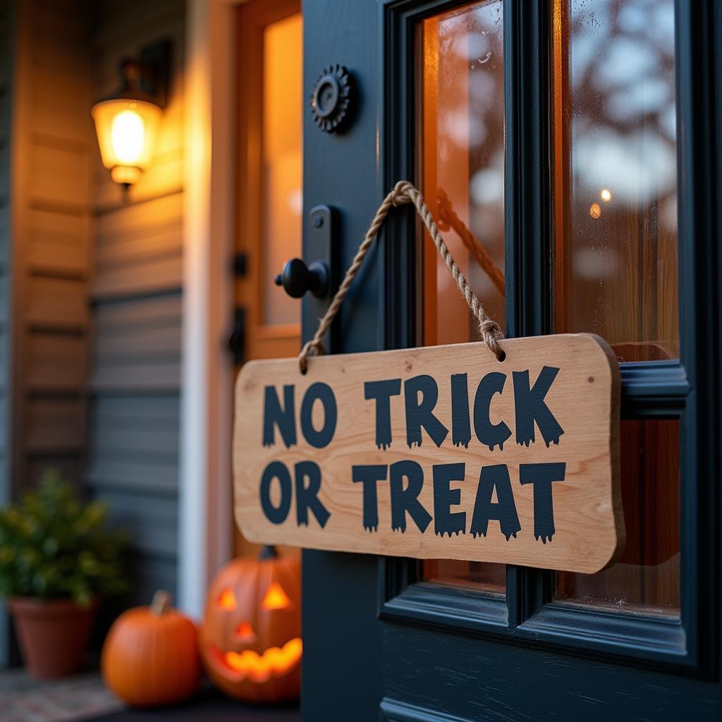 No Trick or Treat Sign Displayed on a Front Door