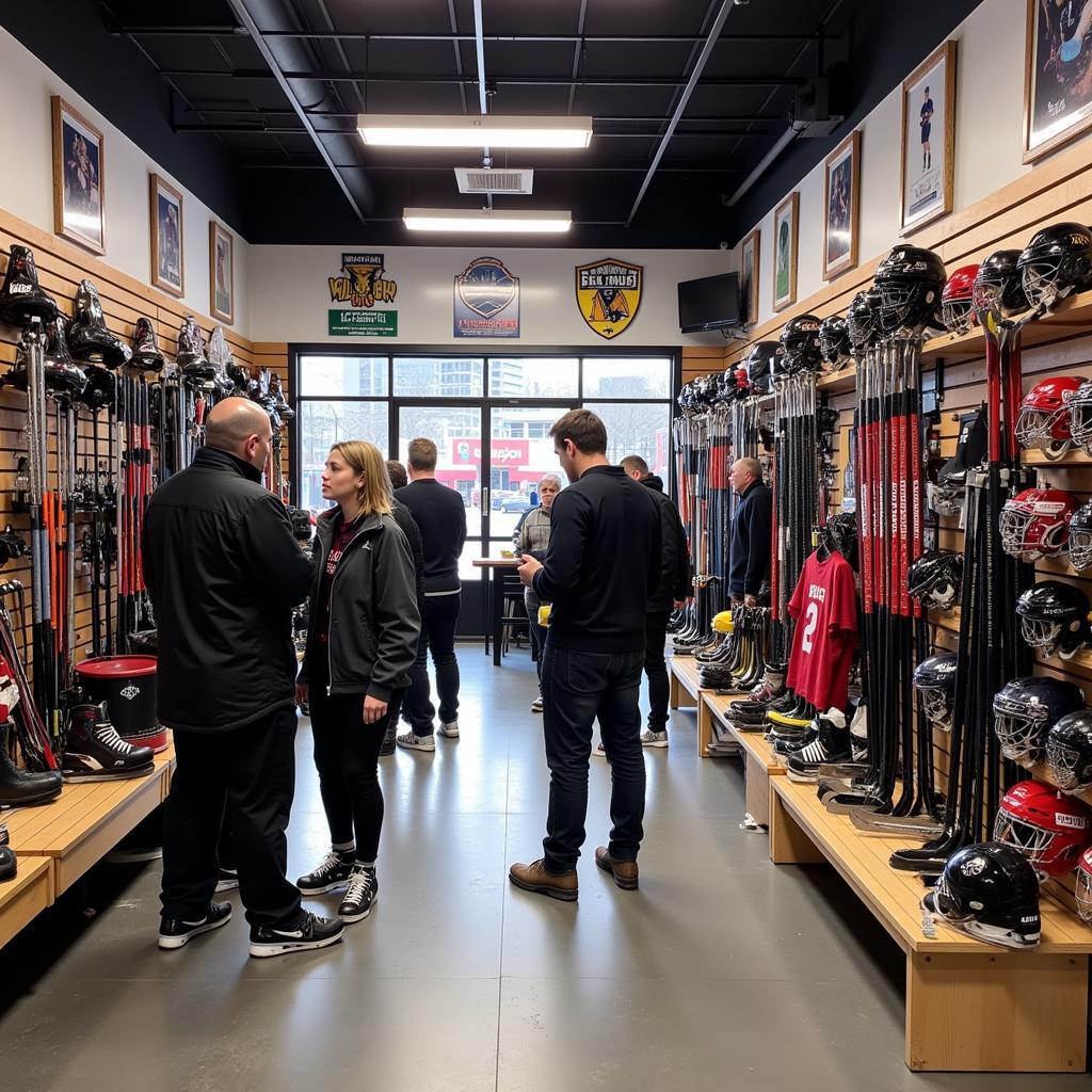 Hockey shop interior with wide selection of equipment