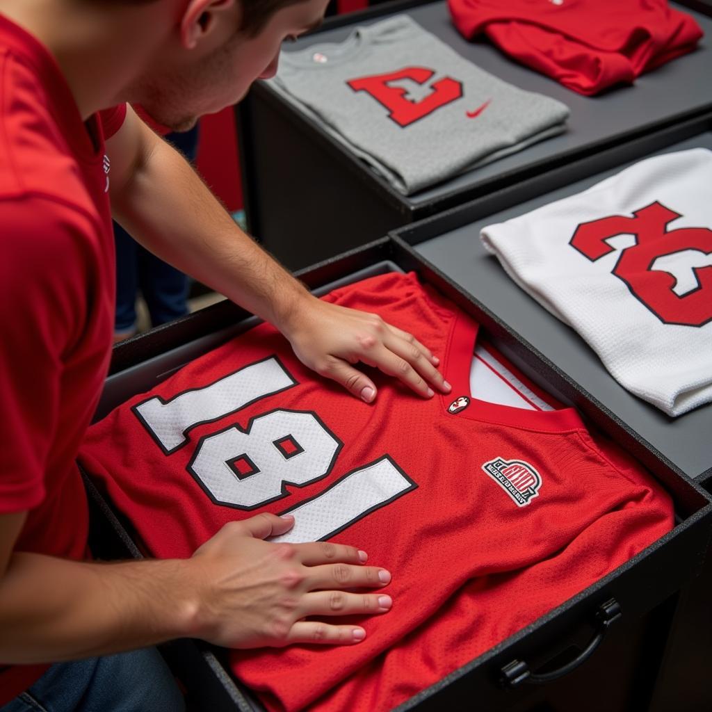 A person carefully folding their Ohio State Buckeyes jersey after washing it.