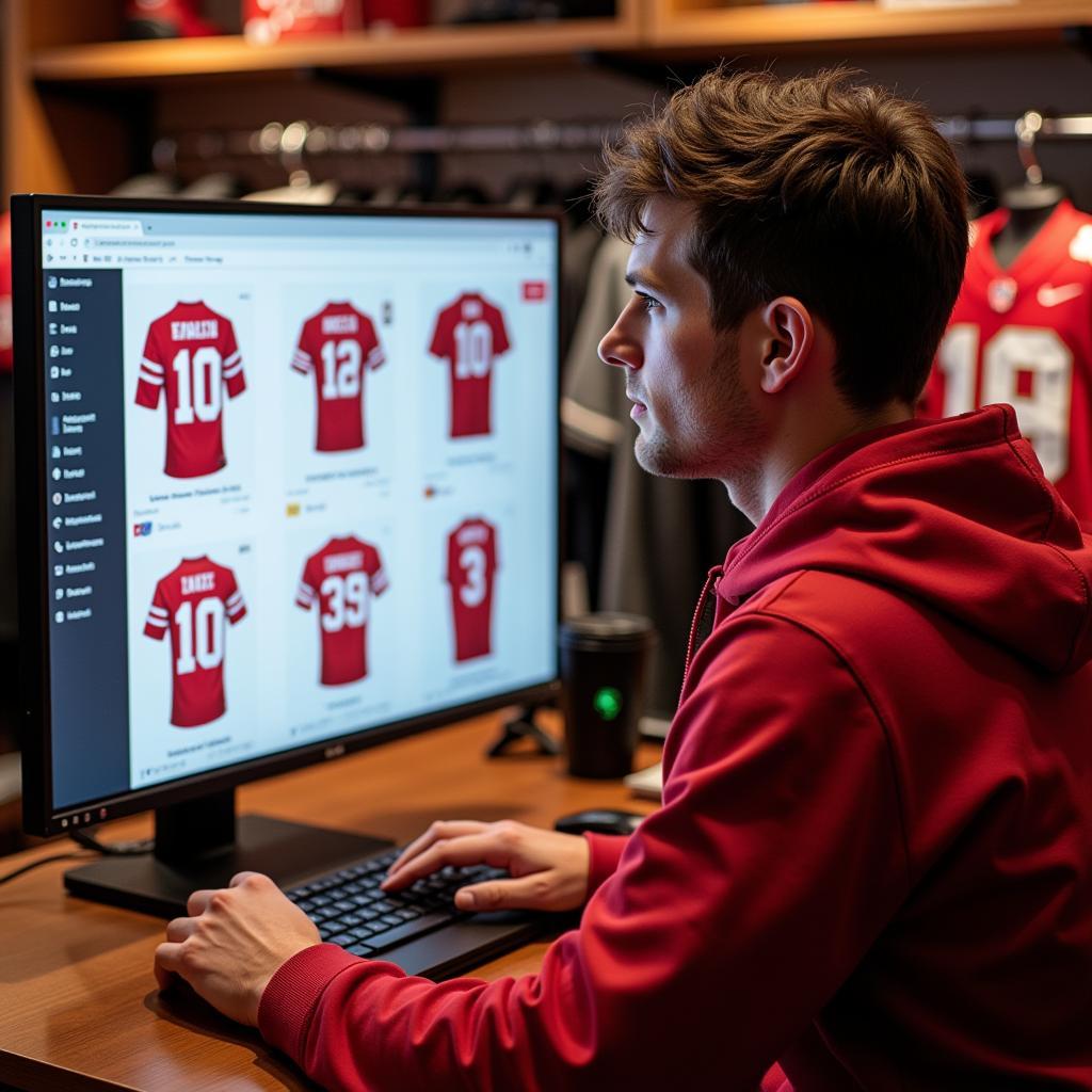 A person browsing Ohio State Buckeyes jerseys on a laptop, comparing different styles and sizes.