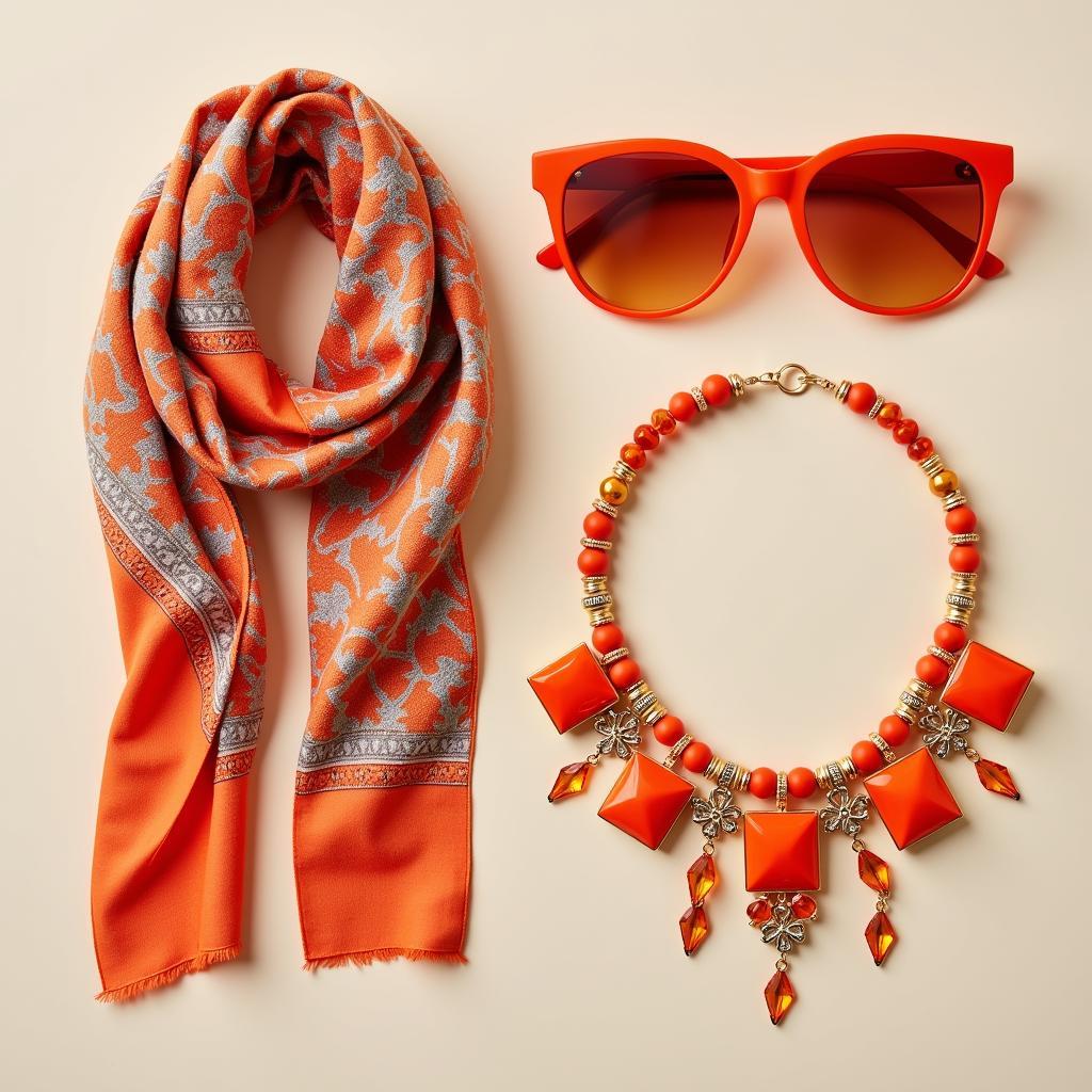 Various orange accessories including a scarf, necklace, and sunglasses.