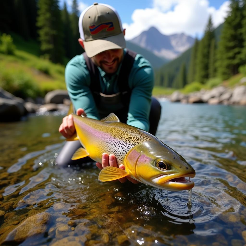 Wild trout being caught in a pristine mountain stream, demonstrating origin fishing principles.