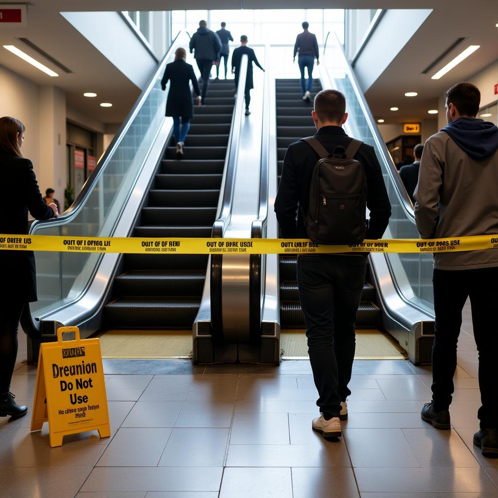 Out of Order Escalator Blocked with Warning Tape