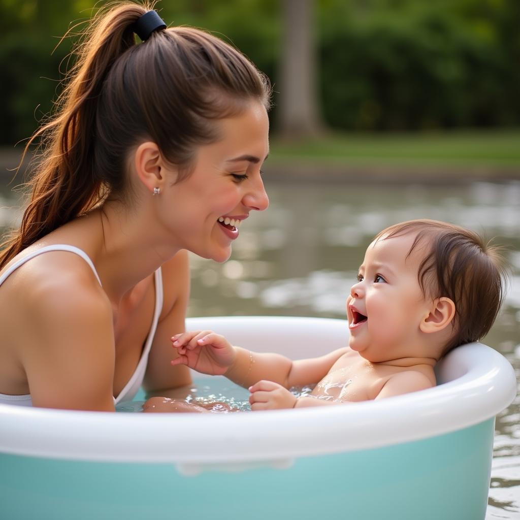 Parent and baby bonding during hot tub time.