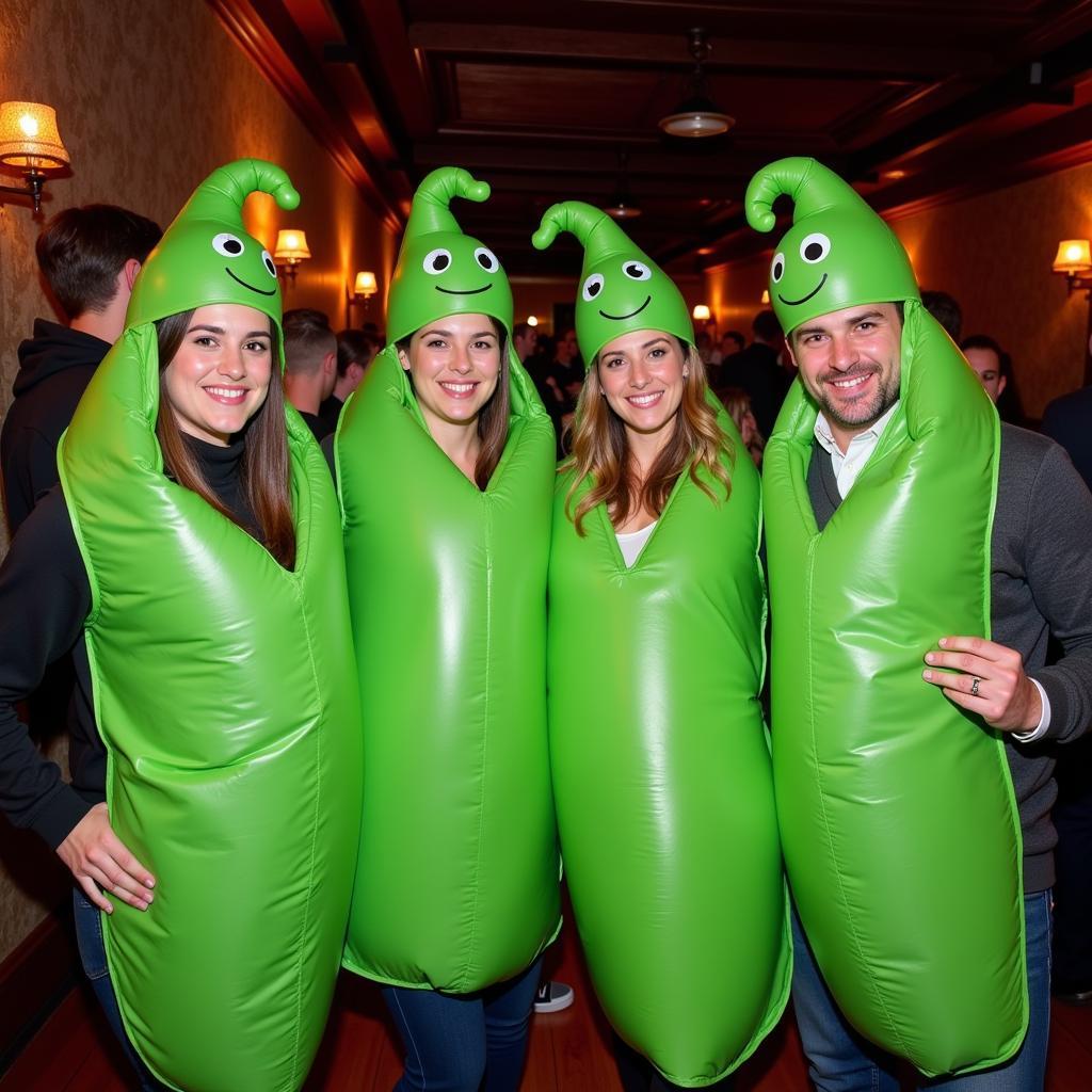 Group of friends in pea pod costumes