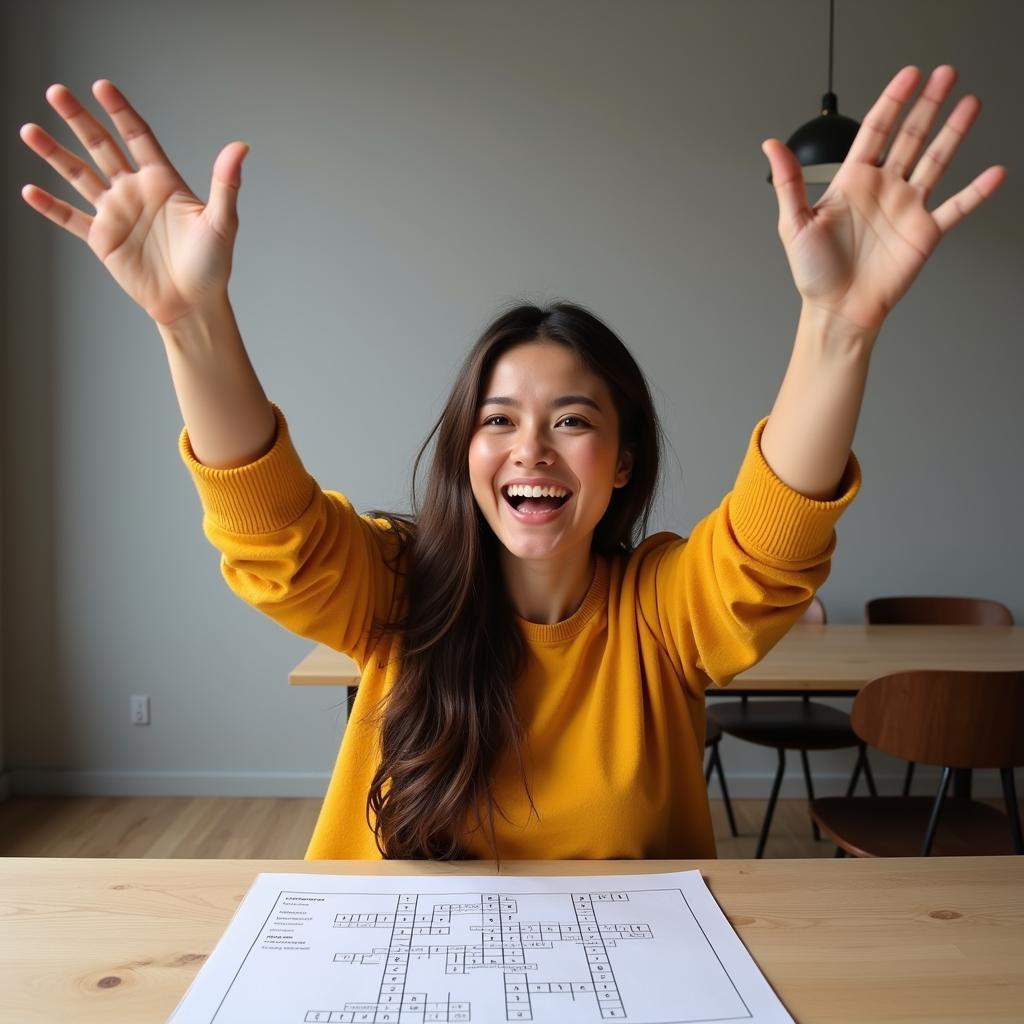 Person Celebrating Solving Crossword Puzzle