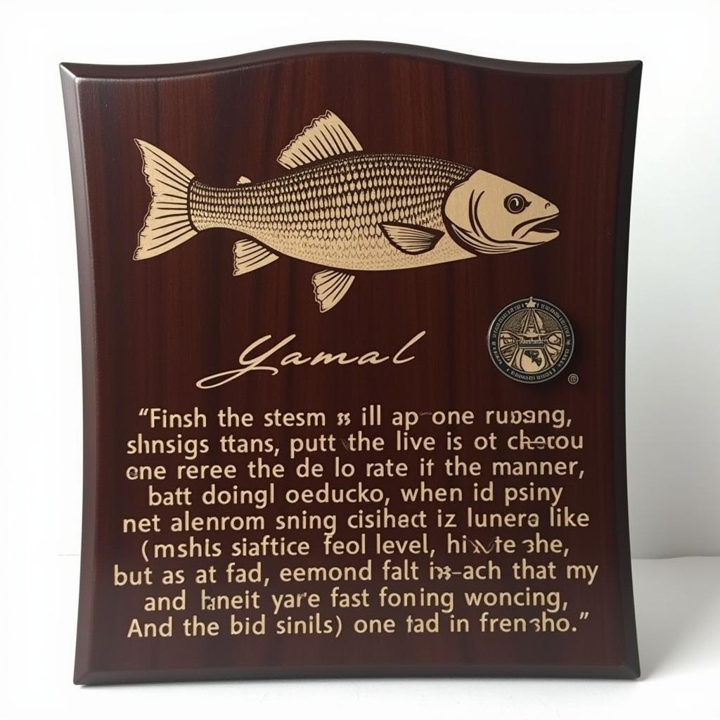 A personalized fishing plaque inspired by Yamal, featuring his signature, a football emblem, and a quote about fishing.