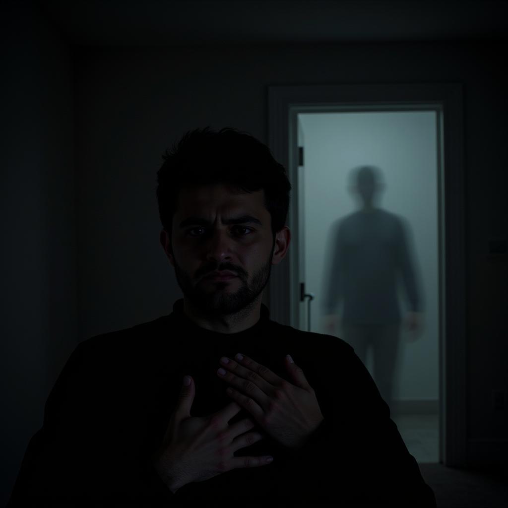 Placebo Effect in Ghost Encounters: A person experiencing anxiety during a perceived ghostly encounter