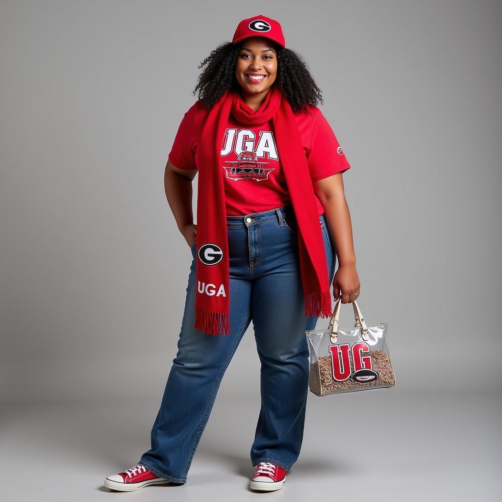 Plus Size UGA Fan Wearing Gameday Outfit with Accessories