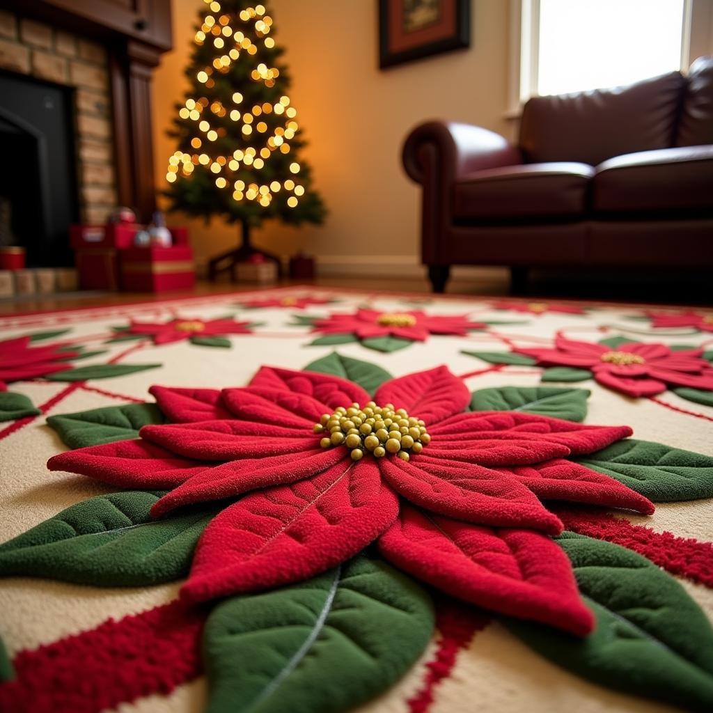 Poinsettia Rug in a Festive Living Room Setting for Christmas