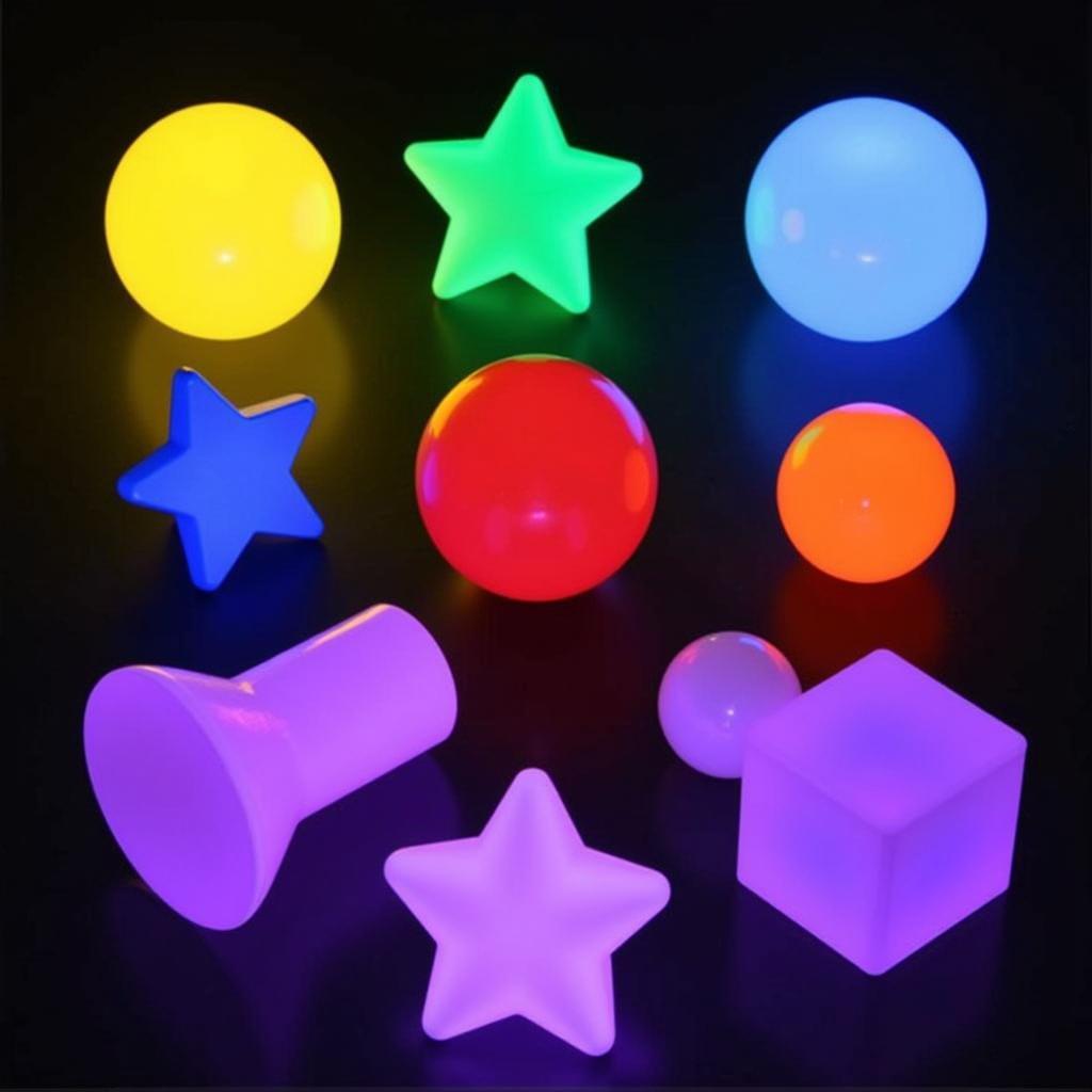 Pool glow balls in various shapes and sizes, including spheres, stars, and cubes.