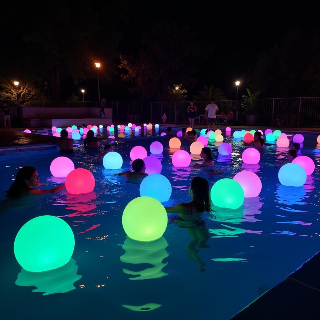 Colorful pool glow balls illuminating a night pool party