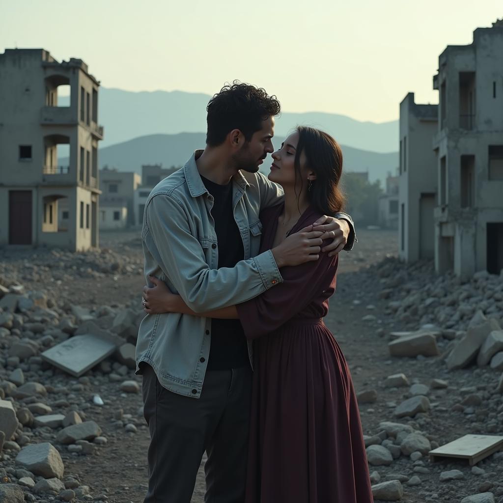 Couple embracing amidst post-apocalyptic ruins