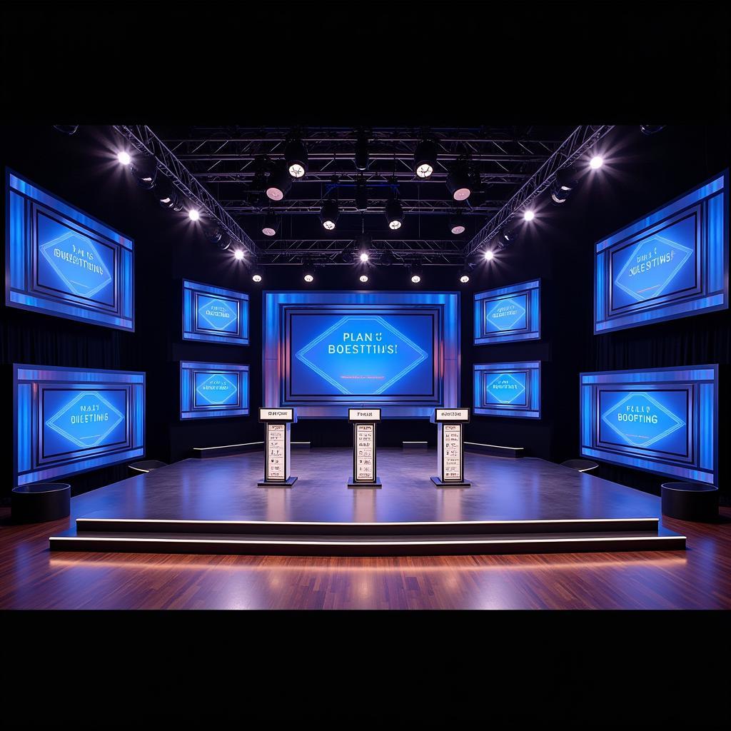 A professional game show set with elaborate lighting, large screens, and contestant podiums.