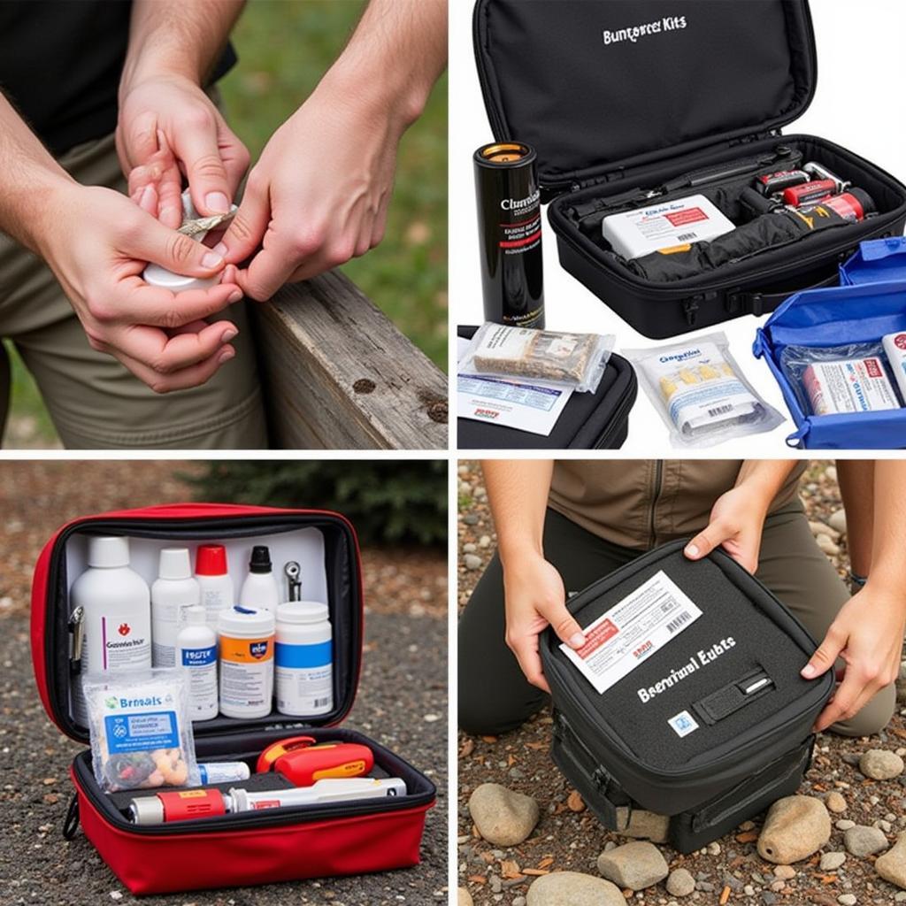 Professional kits in action: first-aid, toolkit, and survival kit.