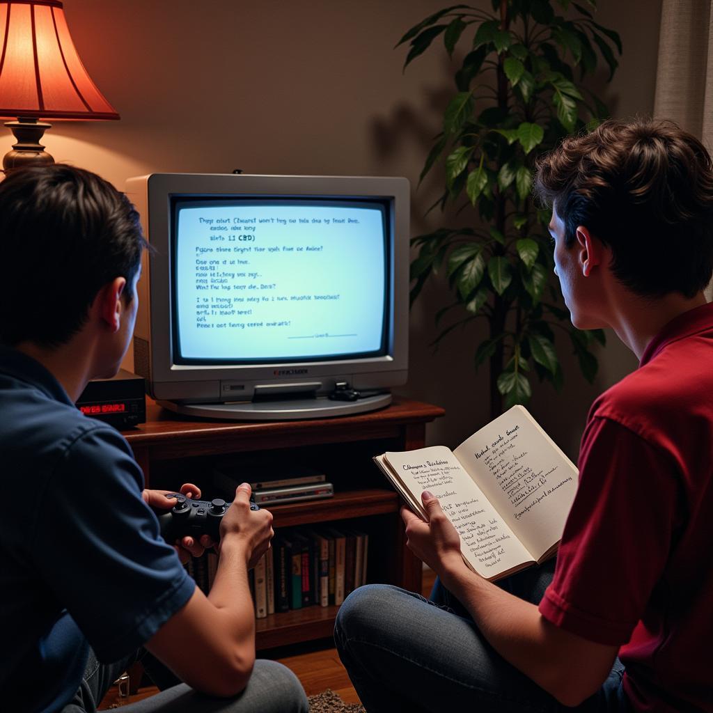 Players huddled around a PS1 entering cheat codes