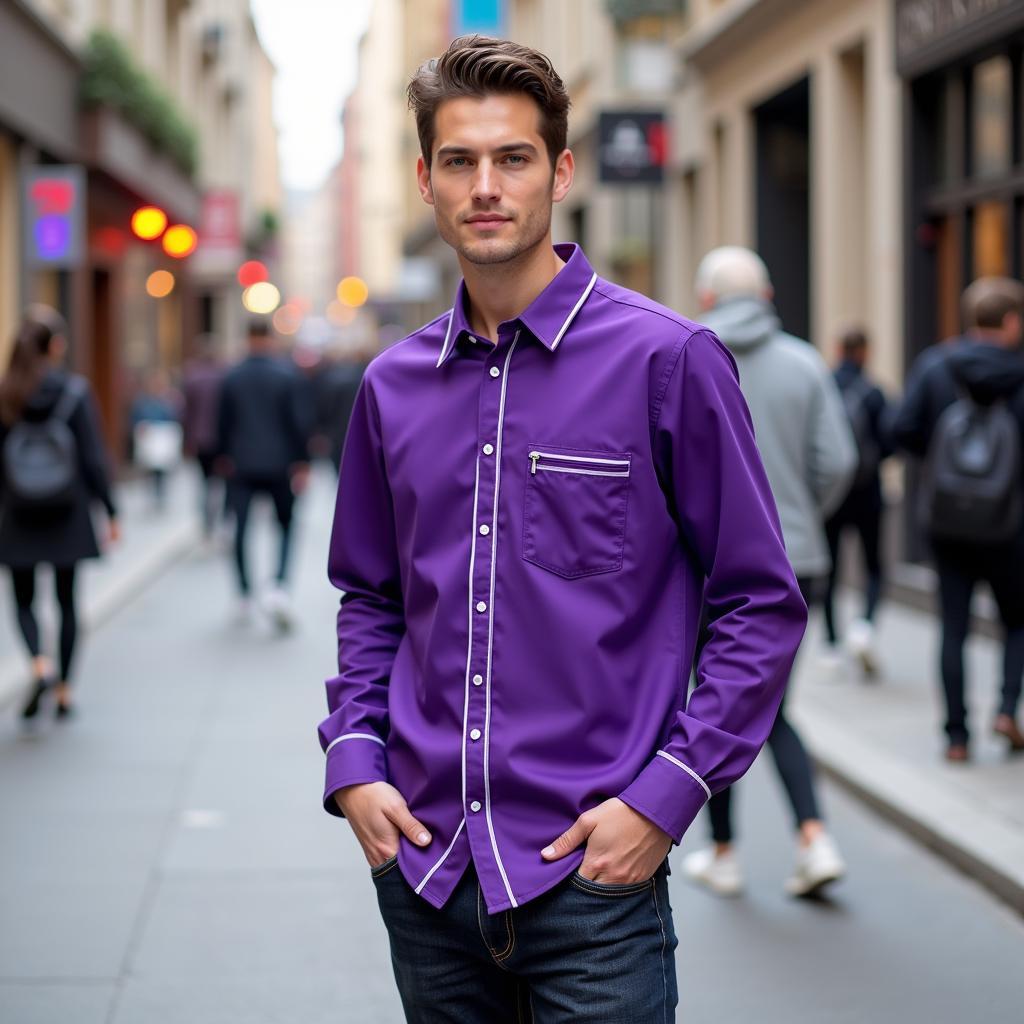 Purple Bowling Shirt Street Style