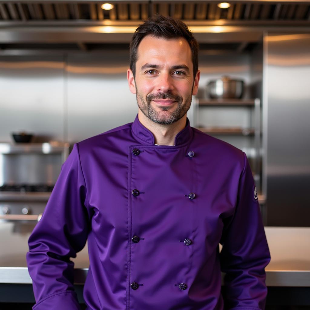 Chef wearing a purple chef jacket in a modern kitchen